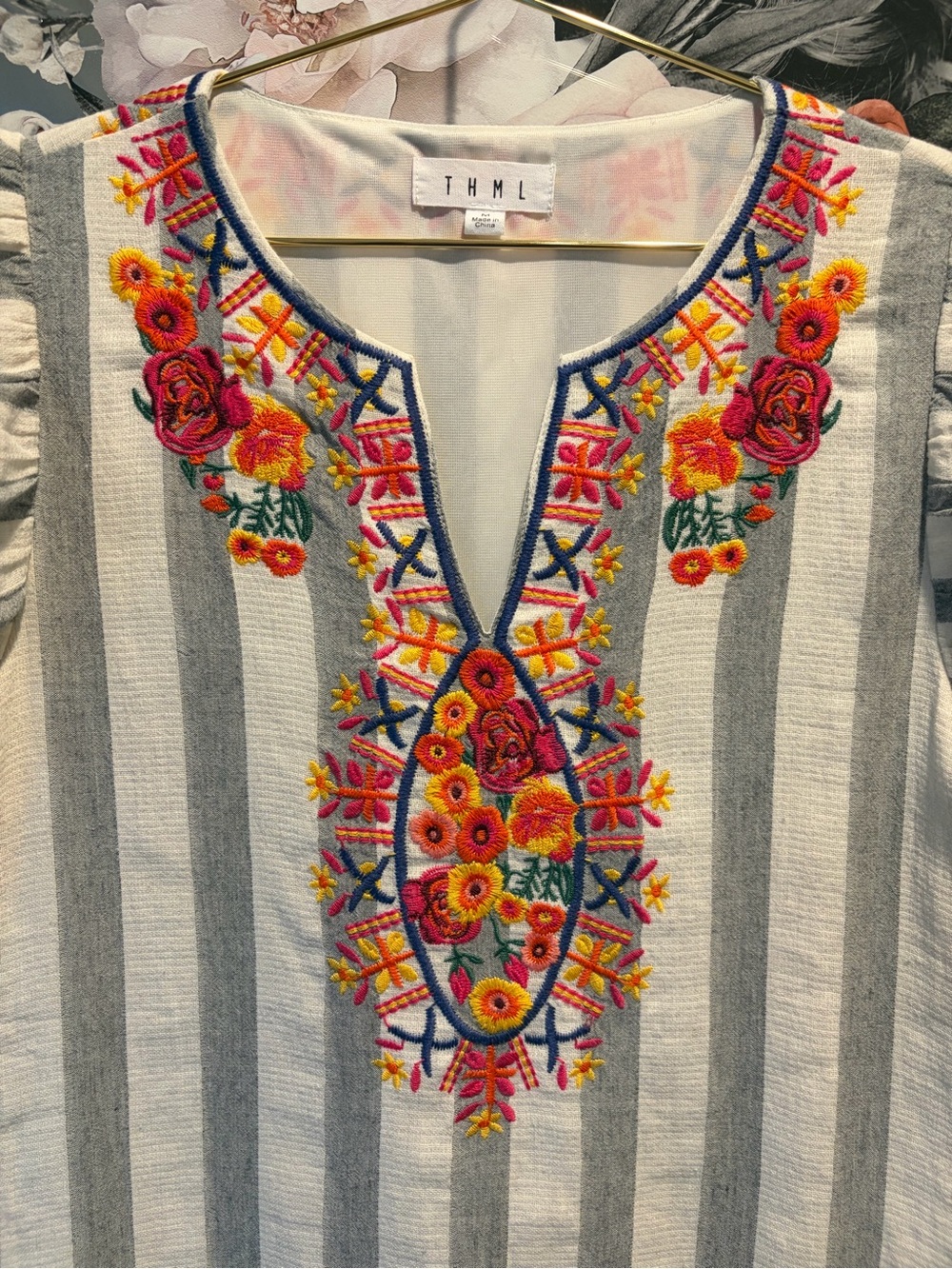 THML Embroidered Striped Chambray Boho Flutter Sleeve Dress Size Medium - Picture 4 of 8
